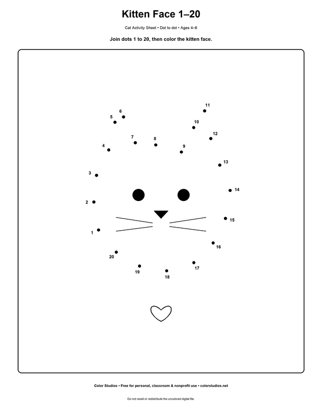 Printable cat face dot-to-dot worksheet numbered 1 to 20