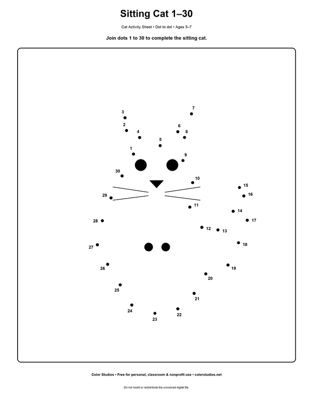 Printable sitting cat connect-the-dots worksheet numbered 1 to 30