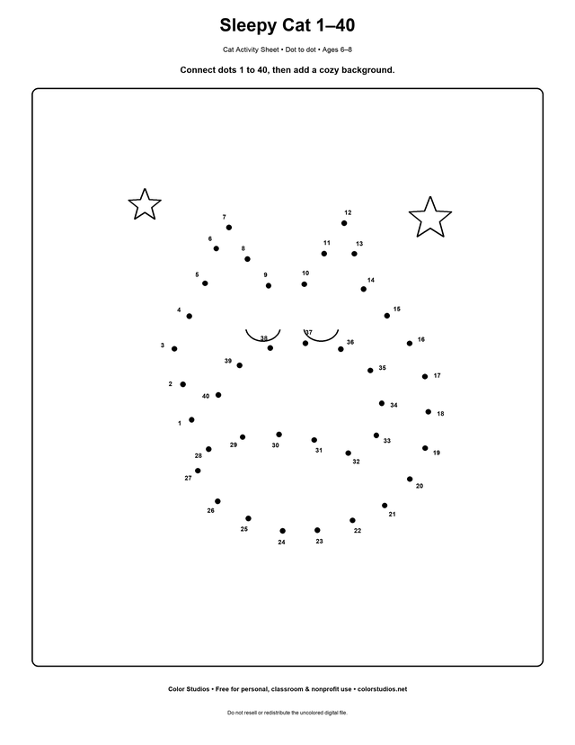 Printable sleepy cat dot-to-dot puzzle numbered 1 to 40