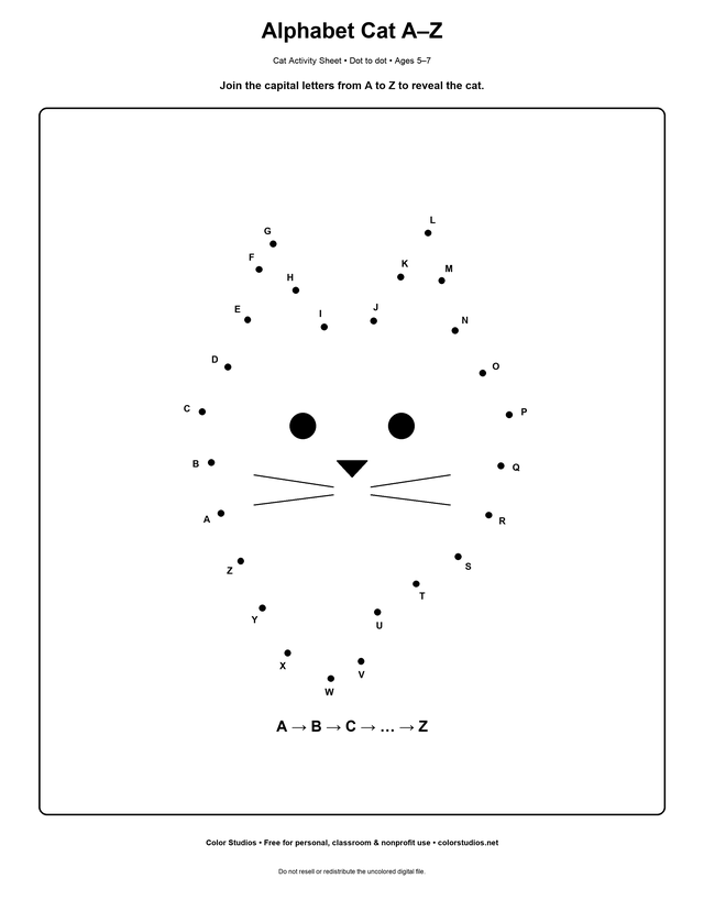 Printable alphabet cat connect-the-dots activity from A to Z