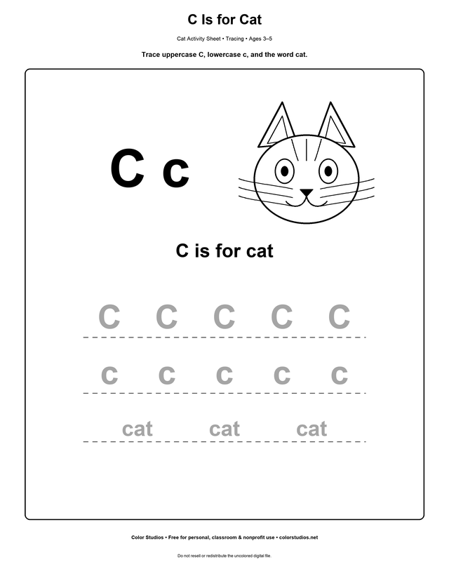 C is for cat printable letter tracing worksheet