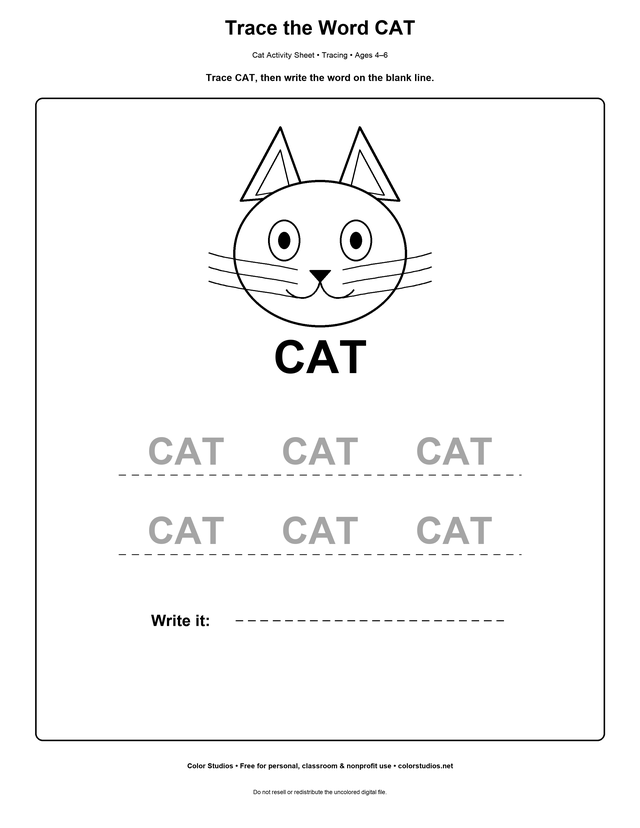 Printable CAT word tracing and handwriting worksheet