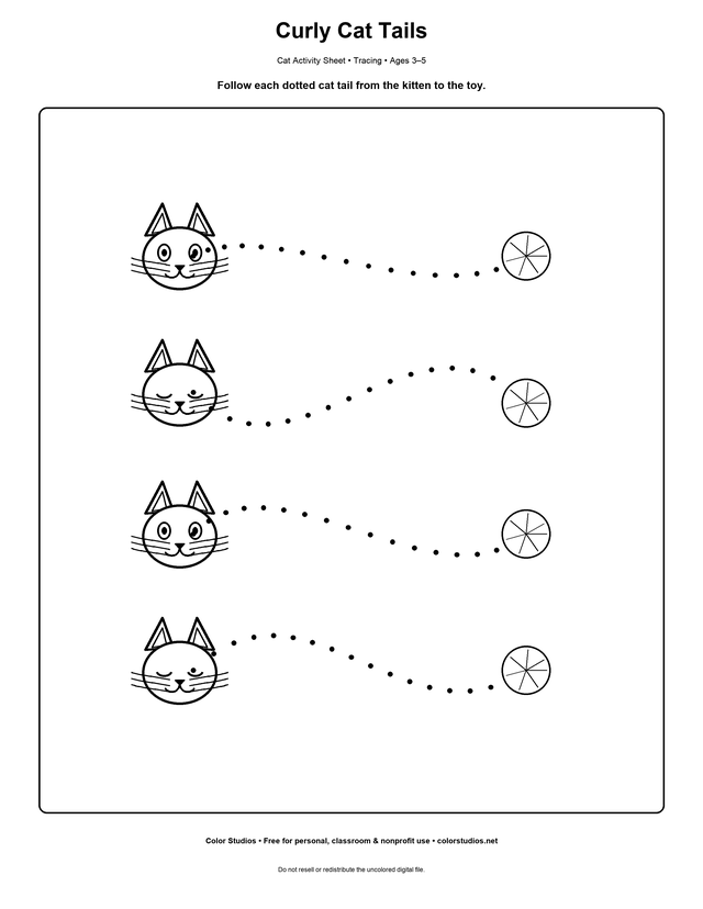 Printable cat tail pre-writing line tracing activity