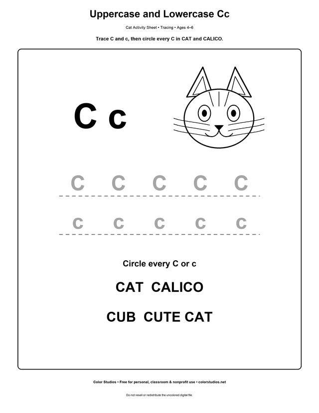 Printable uppercase C and lowercase c cat alphabet worksheet