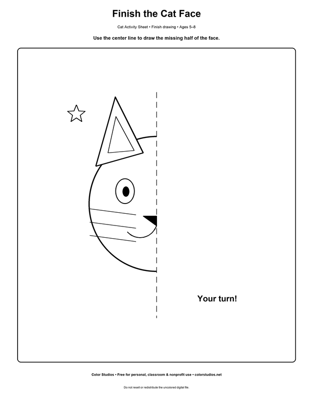 Finish the other half of a cat face printable drawing prompt