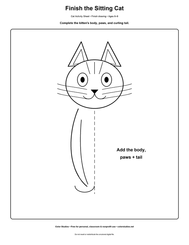 Complete the sitting cat printable drawing activity