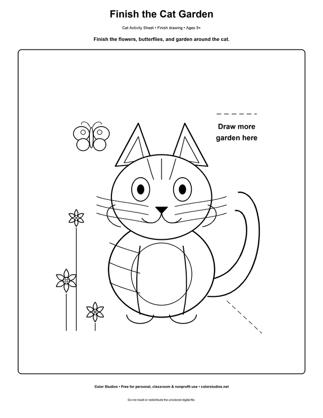 Finish the cat garden printable drawing prompt for kids