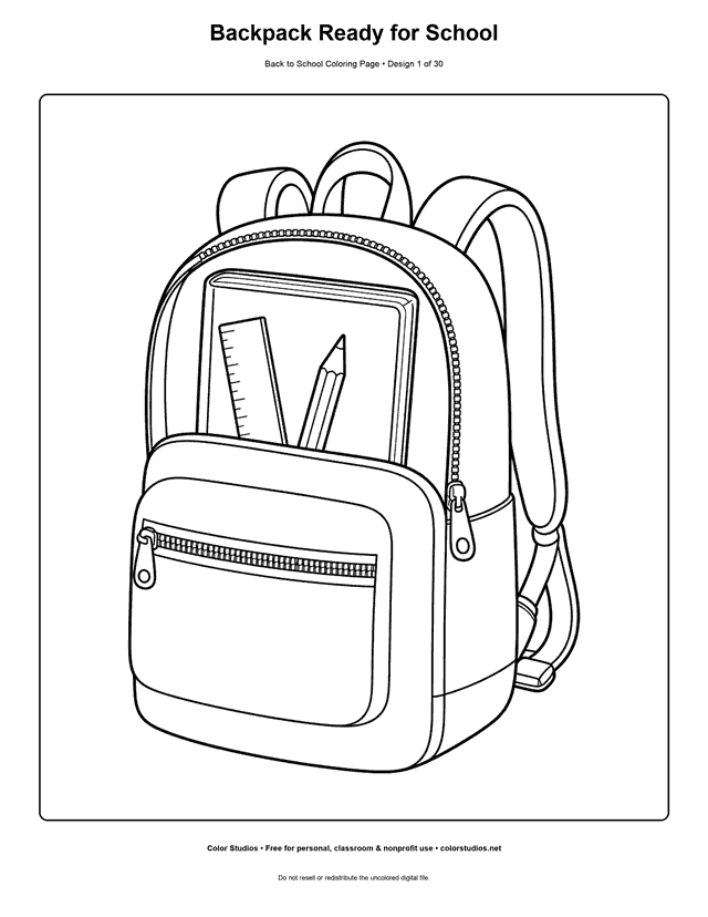 Open school backpack with a pencil, ruler, and notebook coloring page.