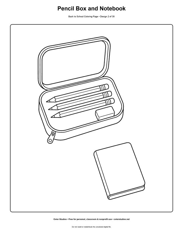 Open pencil box beside a blank school notebook coloring page.