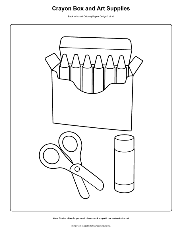 Crayon box with scissors and glue stick school coloring page.
