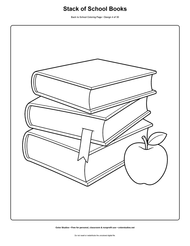 Three school books with an apple and bookmark coloring page.