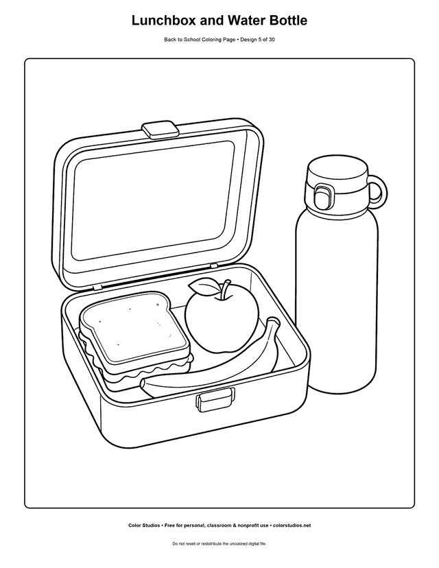 Open school lunchbox with fruit, sandwich, and water bottle coloring page.