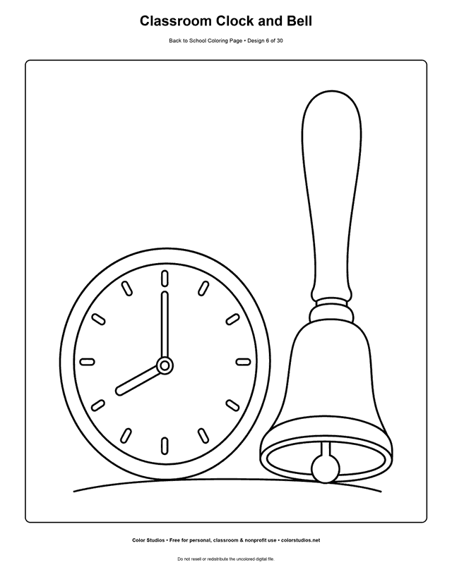 Classroom clock showing eight o'clock beside a school bell coloring page.