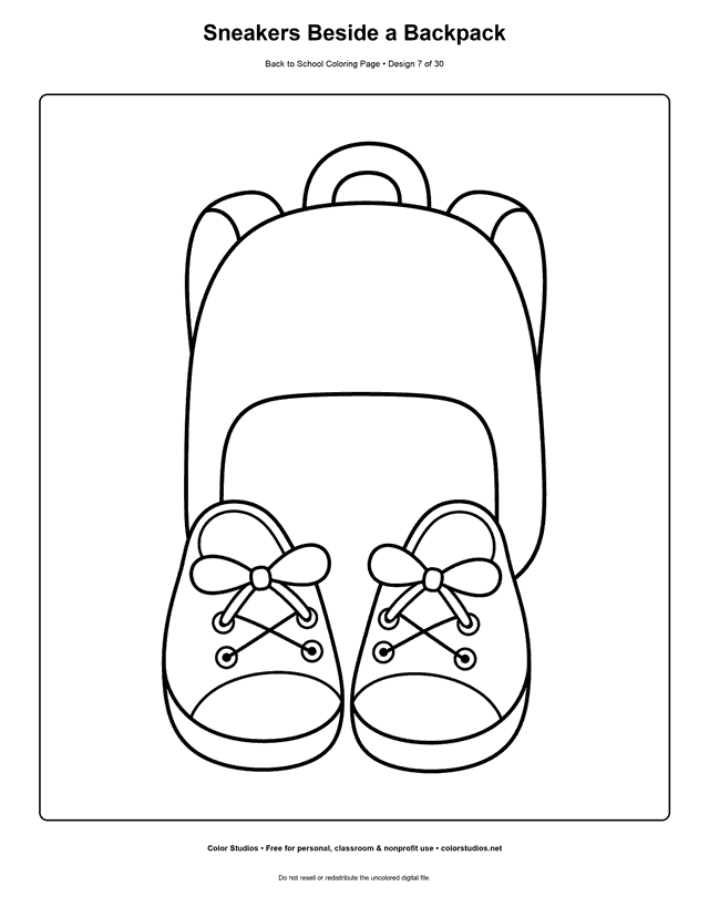 Matched sneakers beside a closed school backpack coloring page.
