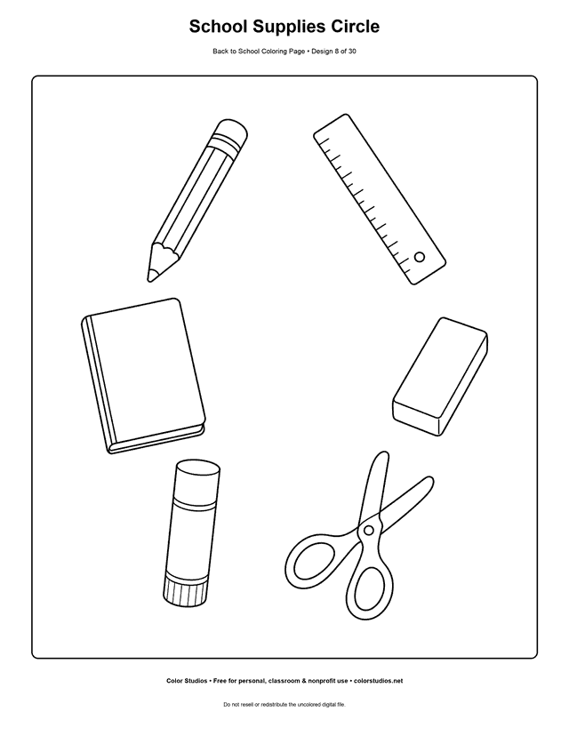 Pencil, ruler, eraser, scissors, glue, and notebook coloring page.