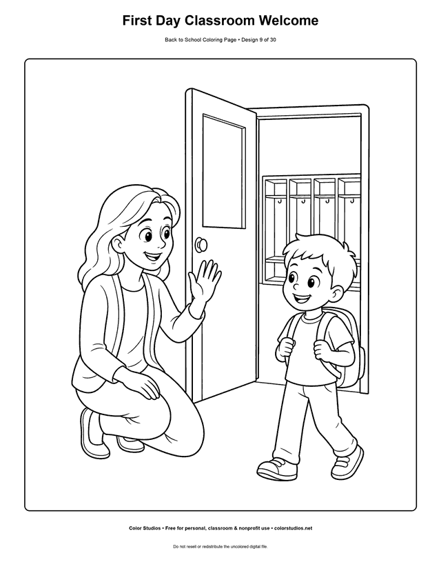 Teacher welcoming a child at the classroom door coloring page.