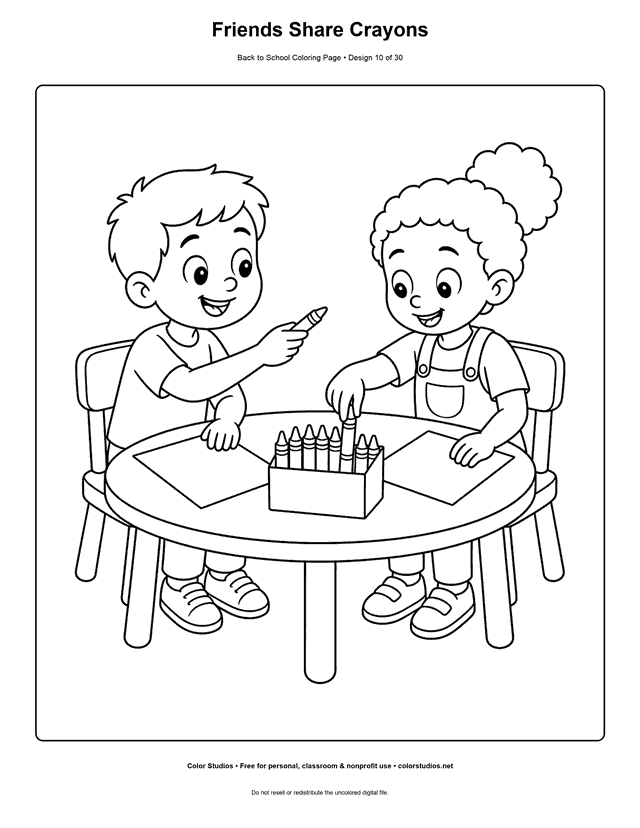 Two school friends sharing crayons at a classroom table coloring page.