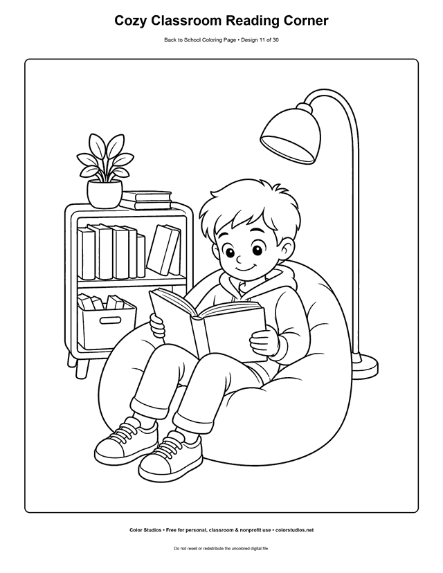 Child reading in a cozy classroom book corner coloring page.
