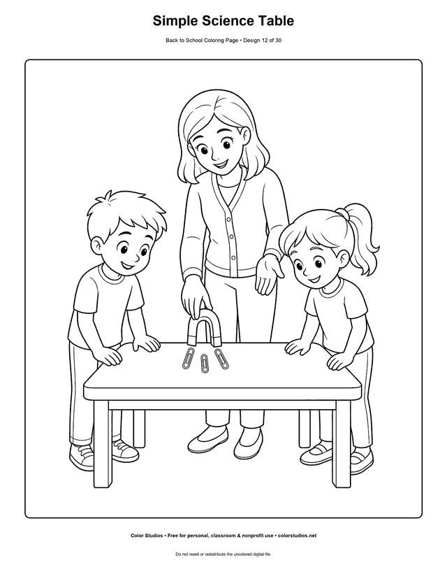 Children exploring a magnet at a classroom science table coloring page.