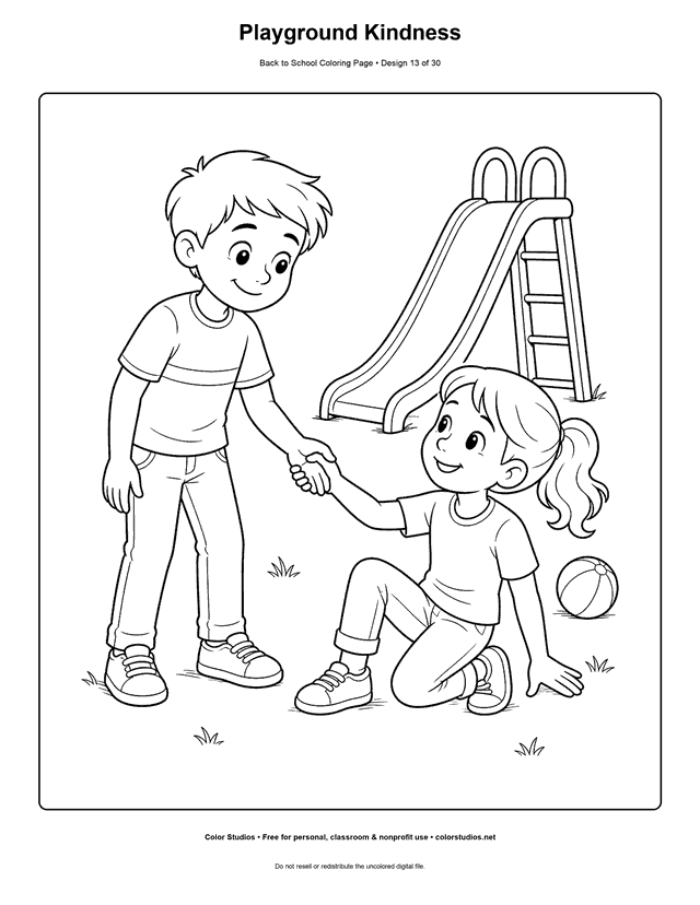One child helping a friend on the school playground coloring page.