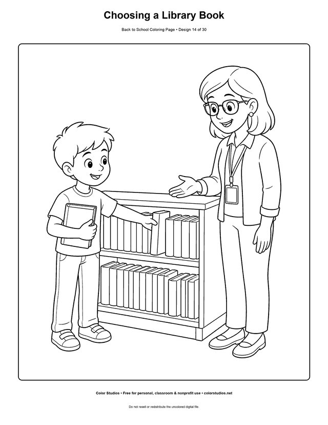Child choosing a book with a librarian at school coloring page.
