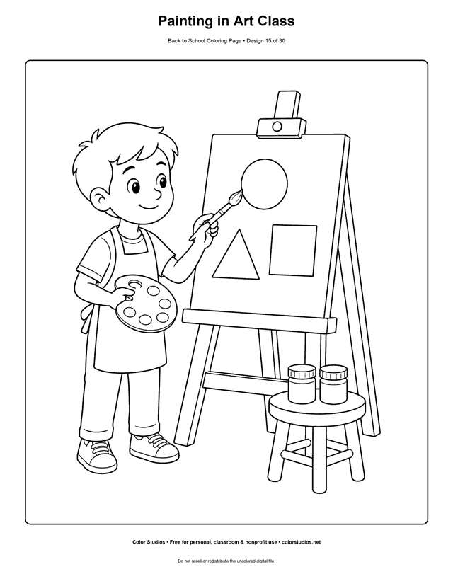 Child painting simple shapes on an easel in art class coloring page.