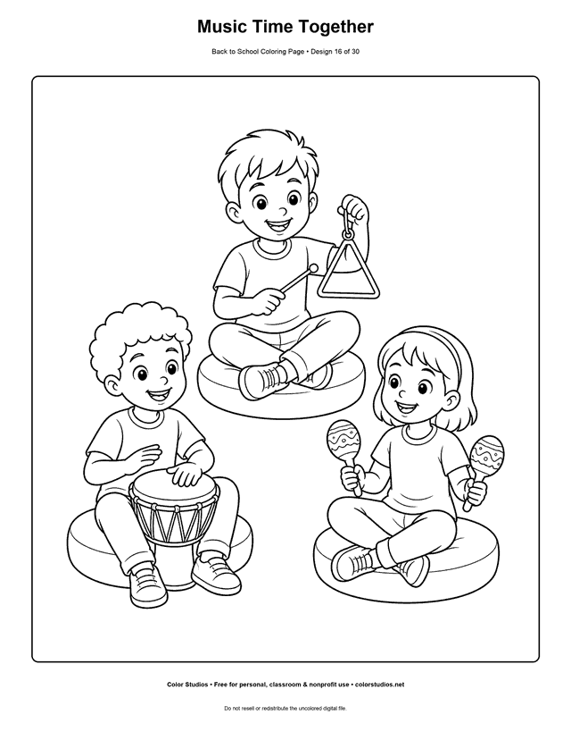 Three children playing drum, triangle, and maracas at school coloring page.