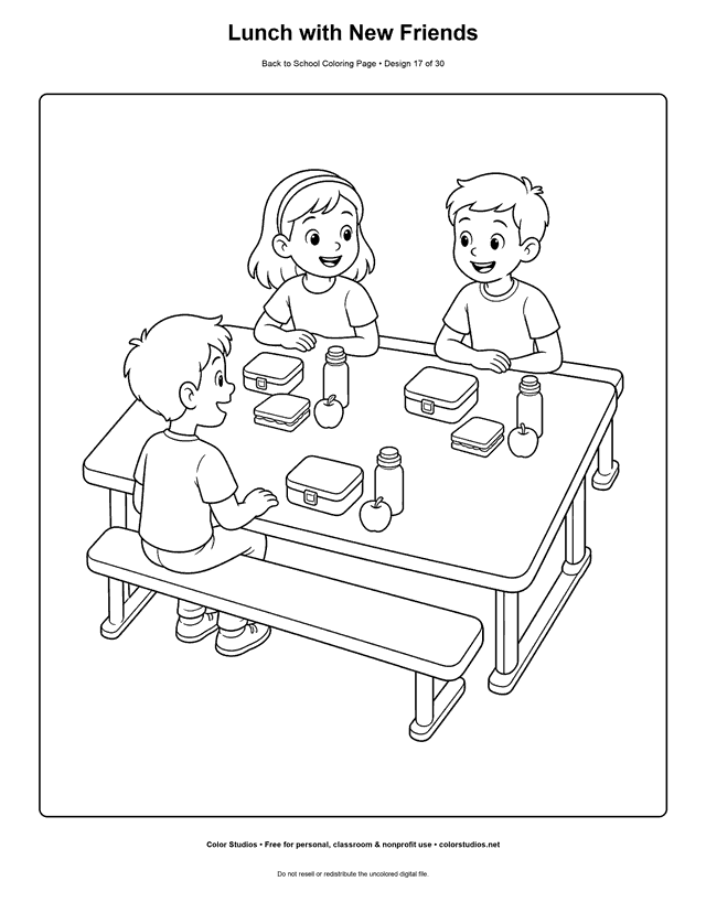 Three school friends eating lunch together in a cafeteria coloring page.