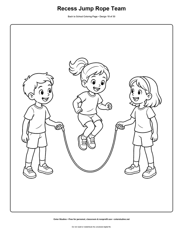 Three school friends playing jump rope at recess coloring page.