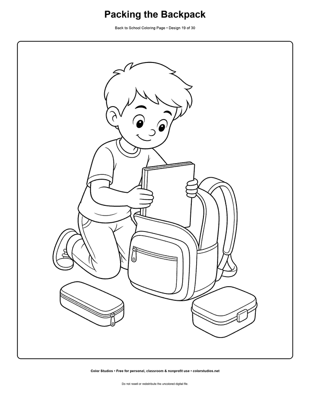 Child packing a notebook into a school backpack coloring page.