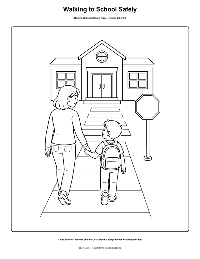 Child and adult walking on a sidewalk toward school coloring page.