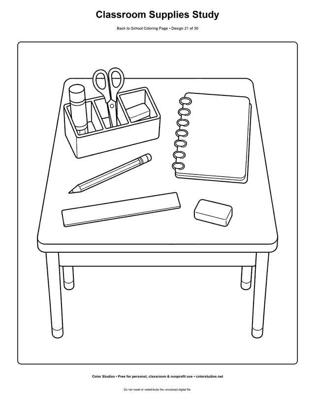 Detailed classroom supplies arranged in a desk organizer coloring page.