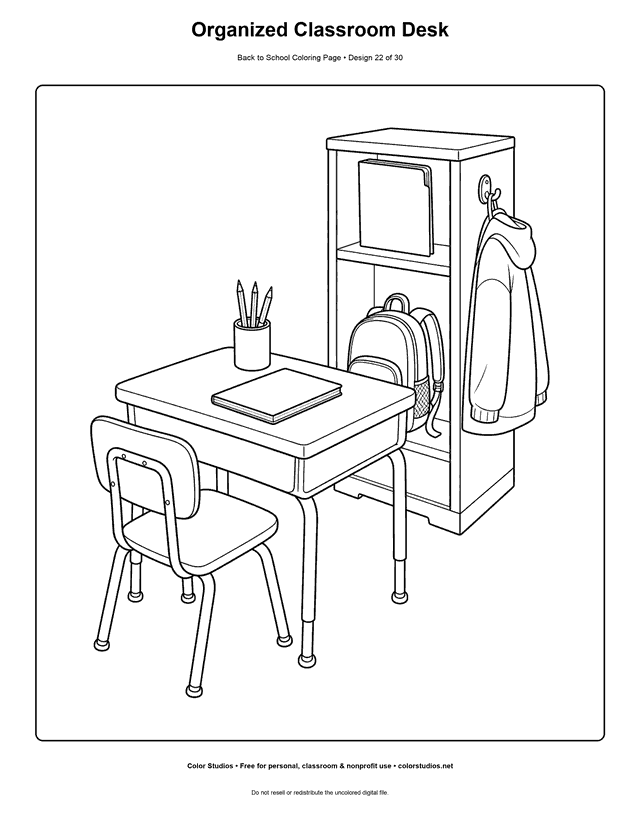 Organized classroom desk, chair, cubby, and supplies coloring page.