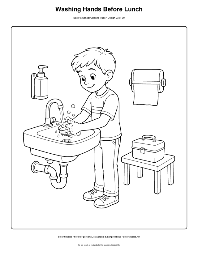 Child washing hands at a school sink before lunch coloring page.