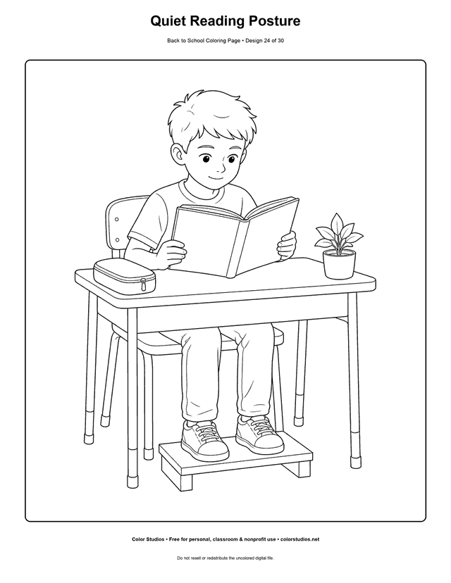 Child sitting comfortably at a school desk reading a book coloring page.