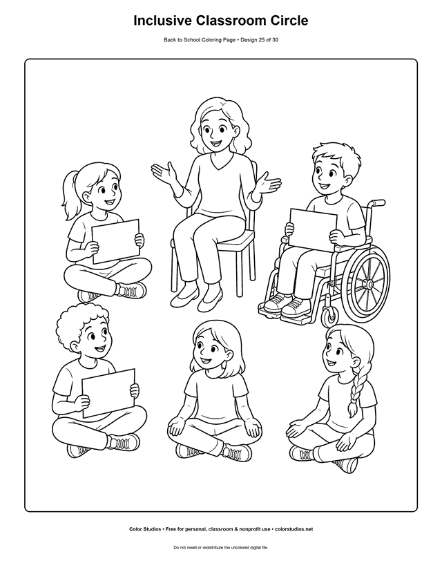 Inclusive classroom circle with teacher and wheelchair user coloring page.