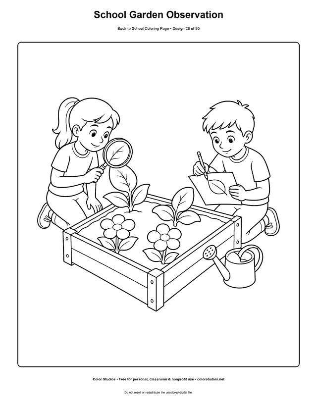 Children observing leaves and flowers in a school garden coloring page.