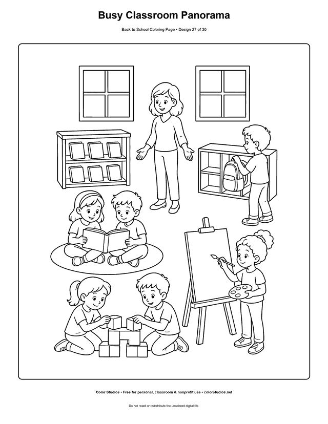 Teacher and children reading, building, and painting in a classroom coloring page.