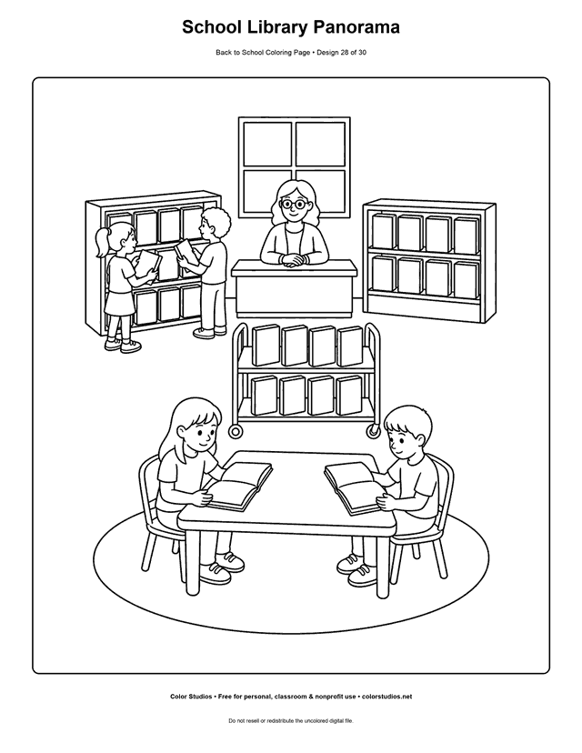 Children browsing and reading in a detailed school library coloring page.