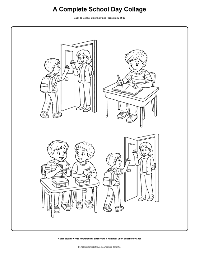 Arrival, classroom, lunch, and home-time school day collage coloring page.