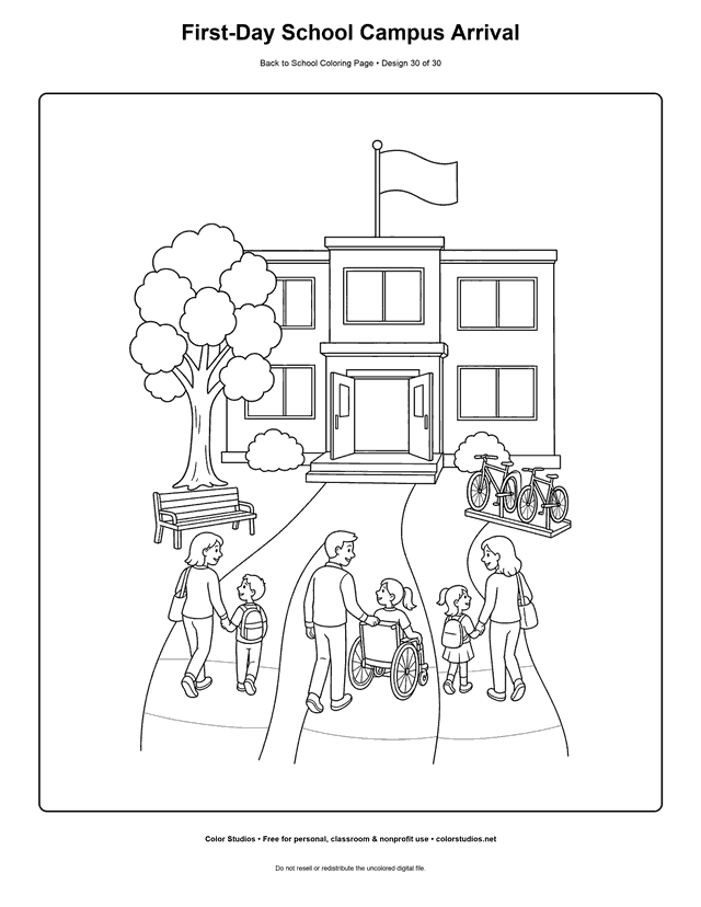 Families arriving at a generic school campus on the first day coloring page.