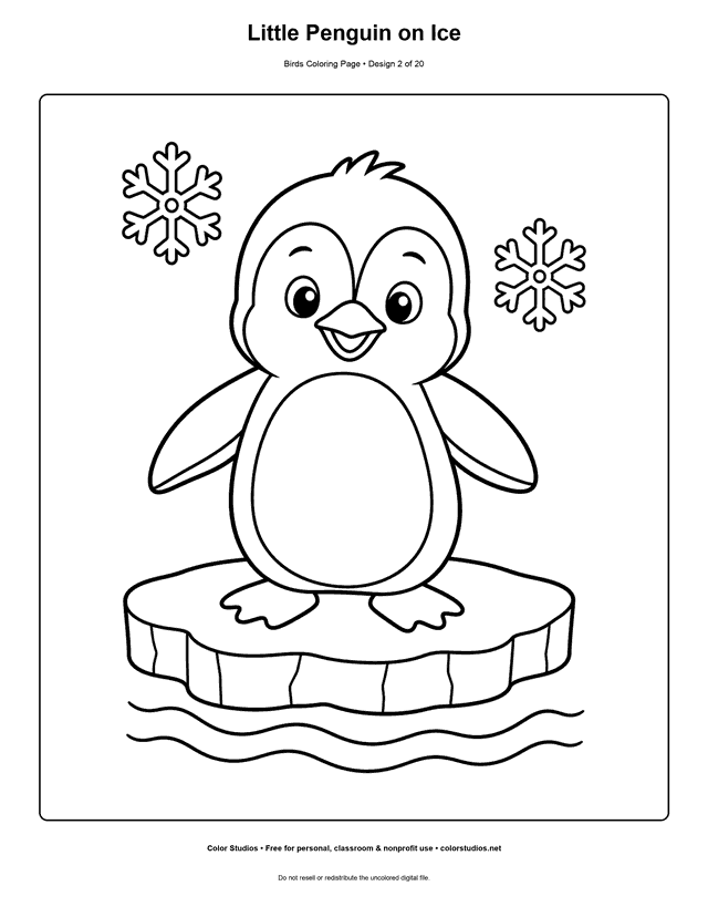 Little Penguin on Ice printable bird coloring page for kids.