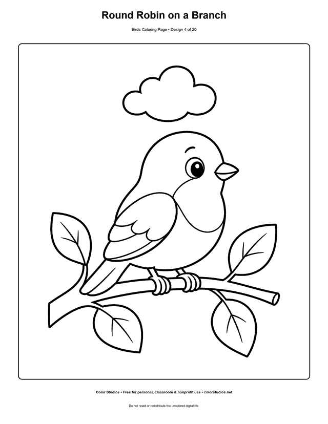 Round Robin on a Branch printable bird coloring page for kids.