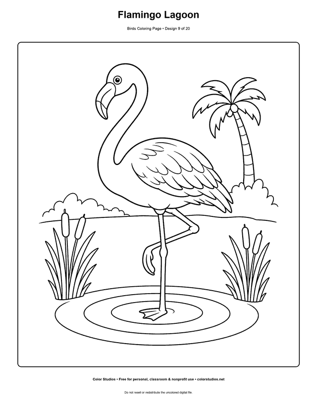 Flamingo Lagoon printable bird coloring page for kids.