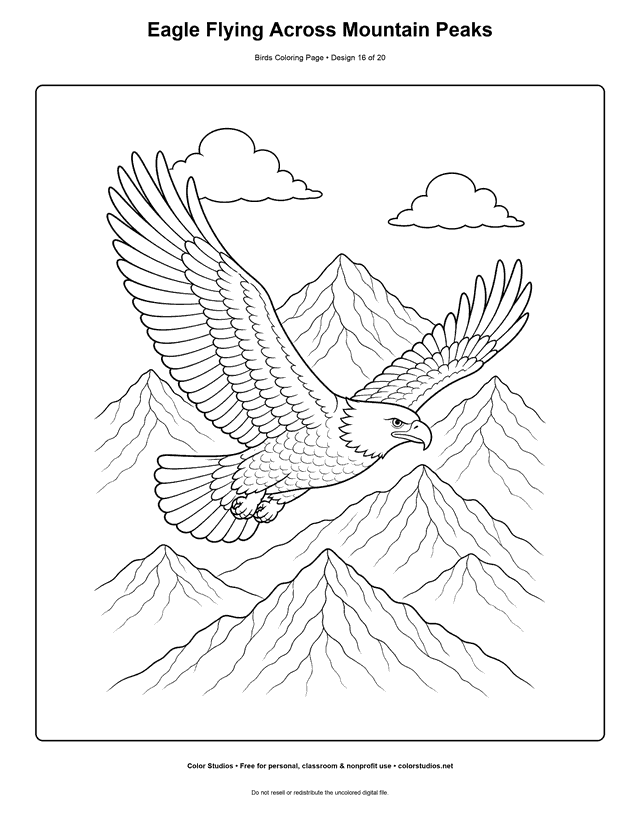 Eagle Flying Across Mountain Peaks printable bird coloring page for kids.