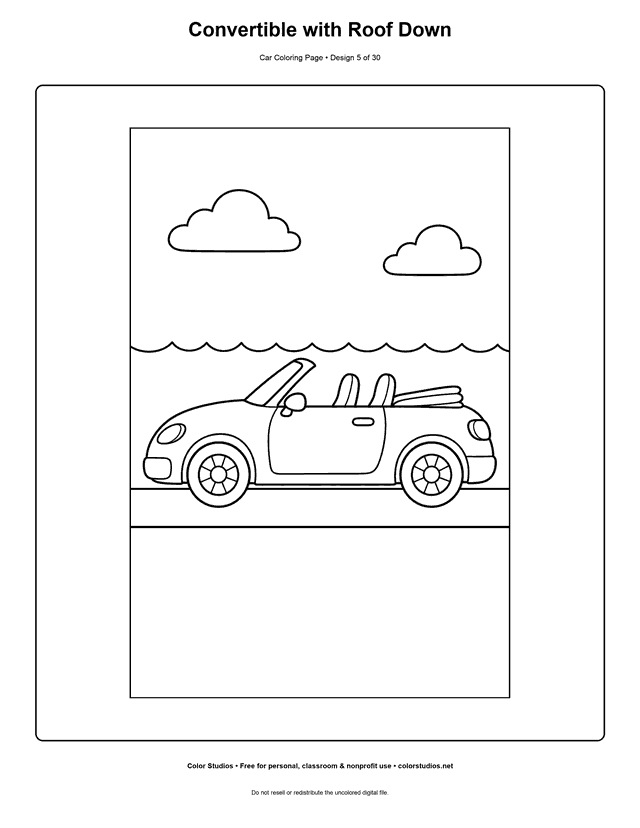 Convertible with Roof Down printable car coloring page.