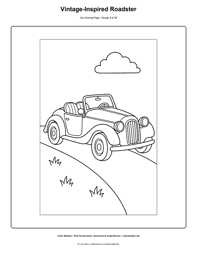 Vintage-Inspired Roadster printable car coloring page.