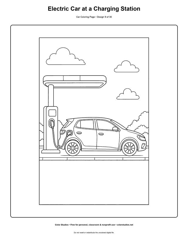 Electric Car at a Charging Station printable car coloring page.