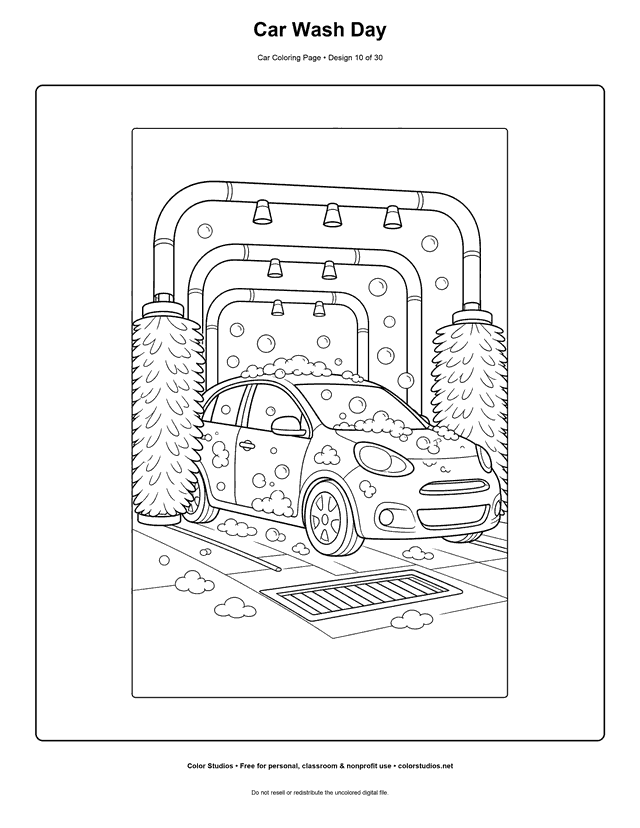 Car Wash Day printable car coloring page.