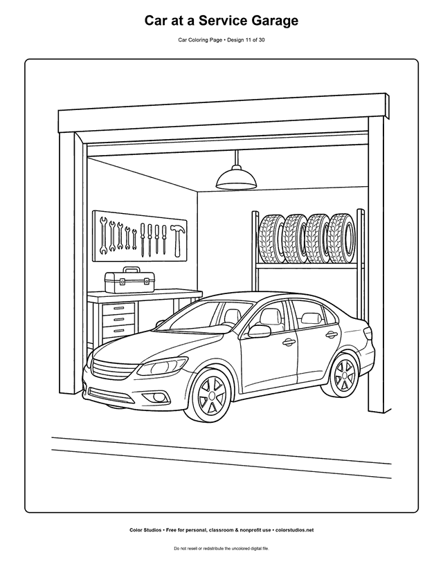 Car at a Service Garage printable car coloring page.